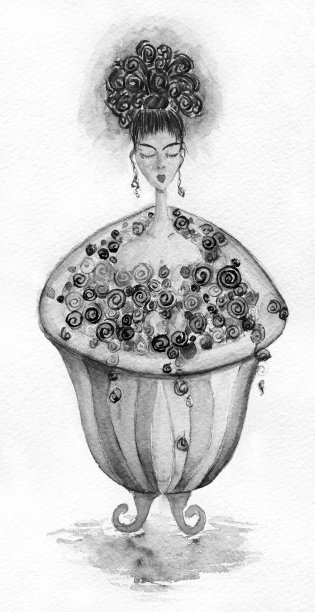 女人在洗澡。水彩插图在白色和黑色的颜色图片下载