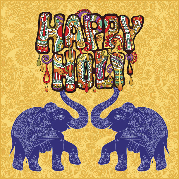 快乐胡里节设计，两个大象在花卉印度背景图片下载