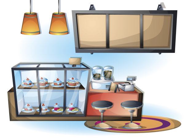 卡通向量插图内部咖啡馆对象图片下载