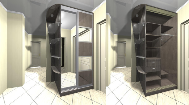 3D渲染室内设计衣柜，镜面滑动门图片下载