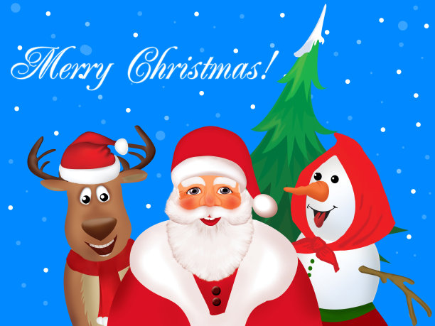 有趣的圣诞插图驯鹿，圣诞老人和雪人图片下载