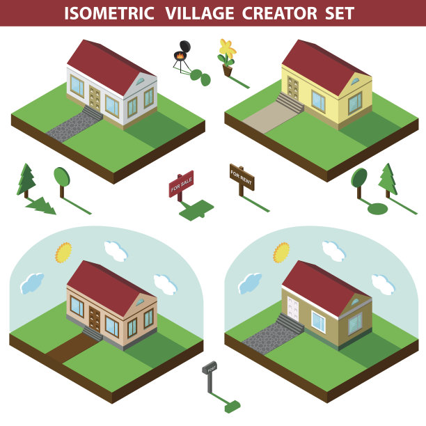 等距的房子。3D村庄景观创造者设置图片下载