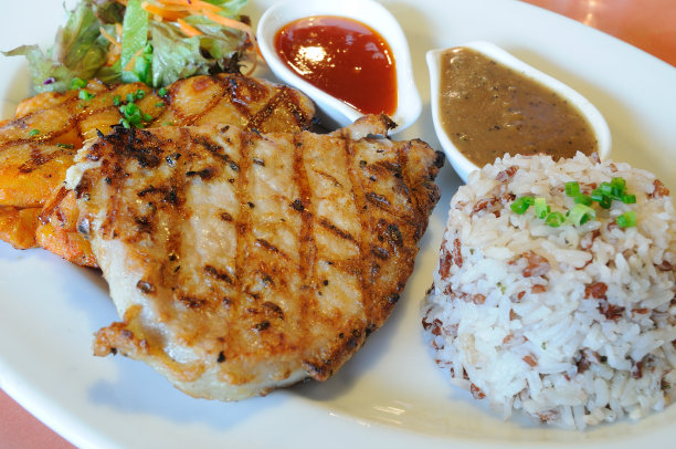 麻辣鸡肉，配酱汁和糙米烤。图片下载