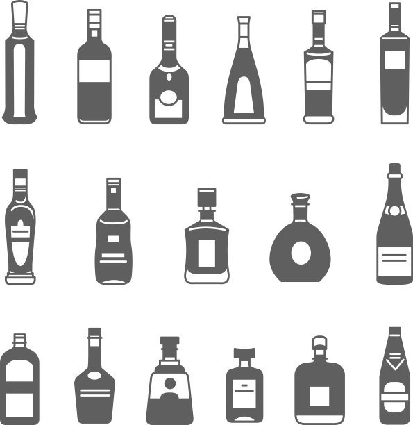 酒精瓶。一组黑线图标。图片下载
