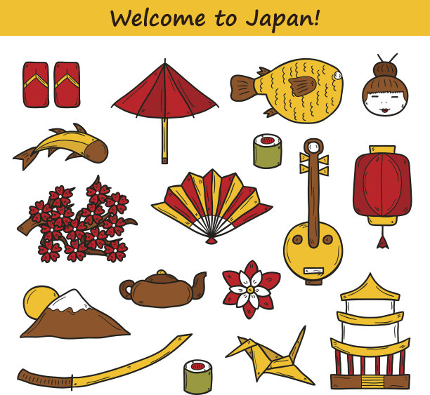 一套图标在手绘风格上的日本主题图片下载