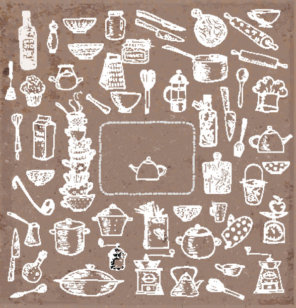 一套用牛皮纸手绘的厨房用具图片下载