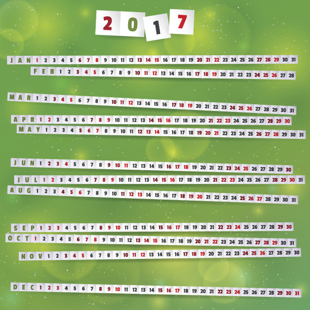 2017年日历，以欢乐的绿色为背景。图片下载