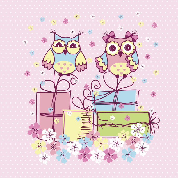 美丽的图案明信片与猫头鹰和礼物在粉红色的背景图片下载