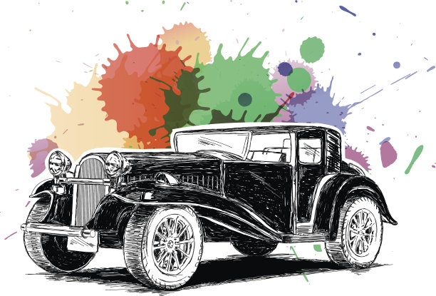 复古复古经典老爷车彩色墨水喷溅向量图片下载