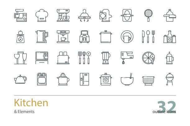 一组矢量厨房和烹饪轮廓图标。图片下载