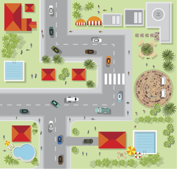 俯瞰城市的街道，道路，房屋，矢量图片下载