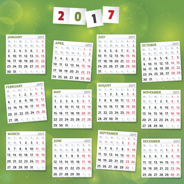 2017年日历以快乐的绿色为背景。图片下载