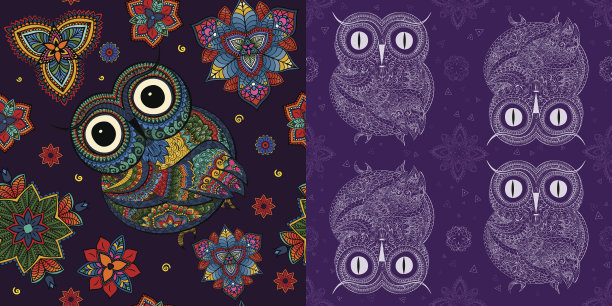一套装饰猫头鹰与曼荼罗花和猫头鹰图案。图片下载
