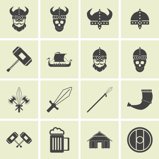维京人和斯堪的纳维亚人的物品，食物，武器的平面图标设置图片下载