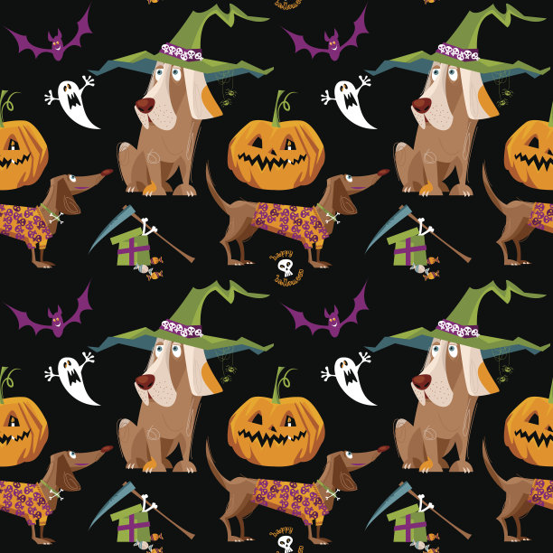 狗在万圣节的服装与幽灵，蝙蝠和南瓜。图片下载
