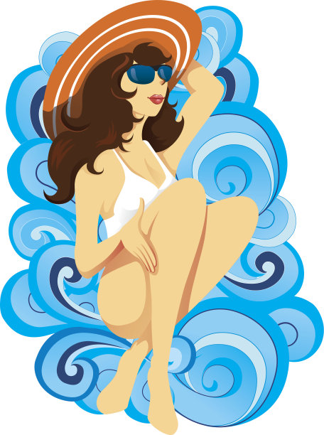 插图的一个女孩与海滩衣服上的波浪图片下载
