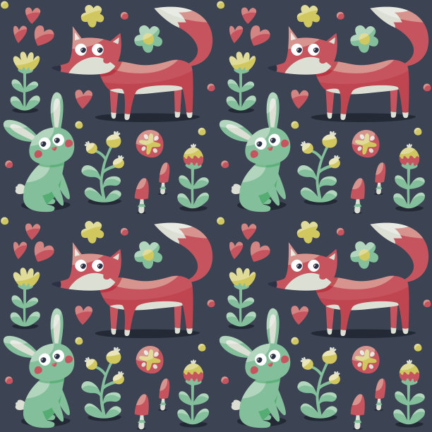 无缝图案有狐狸、兔子、兔子、花卉、动物、植物、蘑菇等图片下载