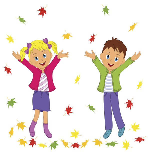 男孩和女孩和秋天的树叶图片下载