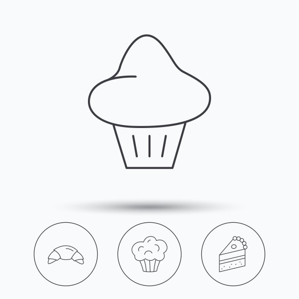 牛角面包，奶油蛋卷和一块蛋糕的图标。图片下载