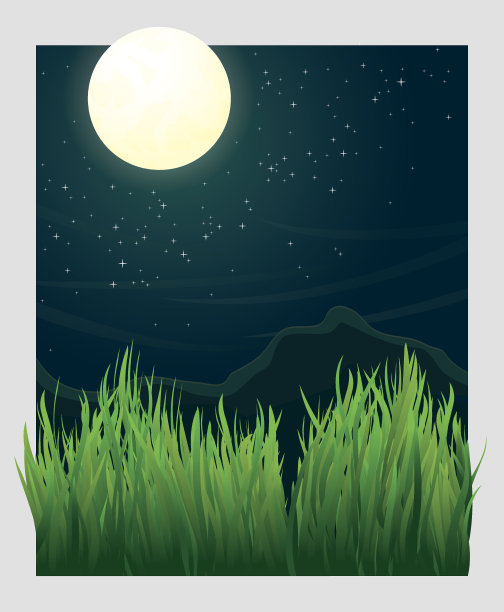 草叶和夜月亮矢量插图图片下载