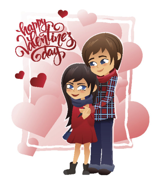 扁平的情人节拥抱夫妇和心形背景上的字母图片下载