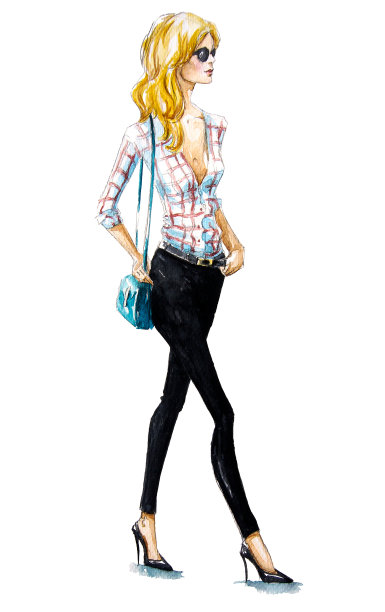 街头时尚。一个女孩走。夏天看。水彩画。素材图片