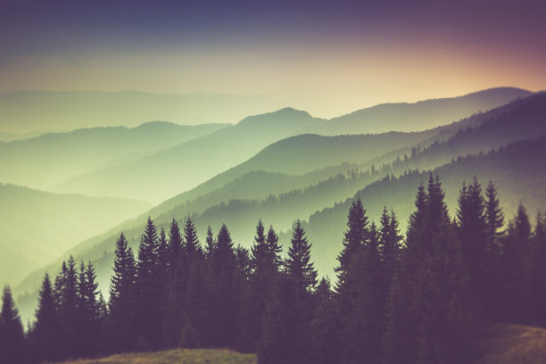 薄雾缭绕的夏季山峦景观。素材图片