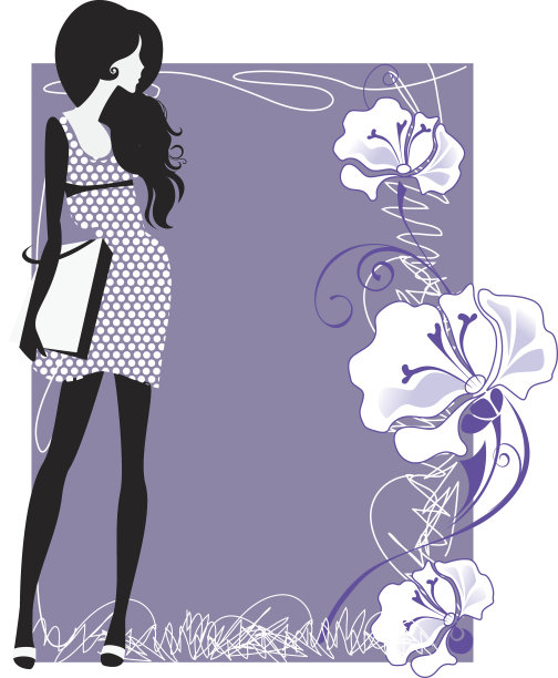 一个带花的彩色背景上的女孩的剪影图片下载