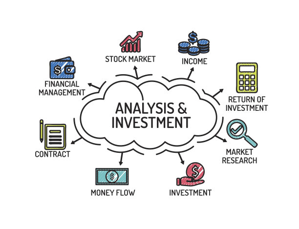 分析和投资图表与关键字和图标。草图。图片下载