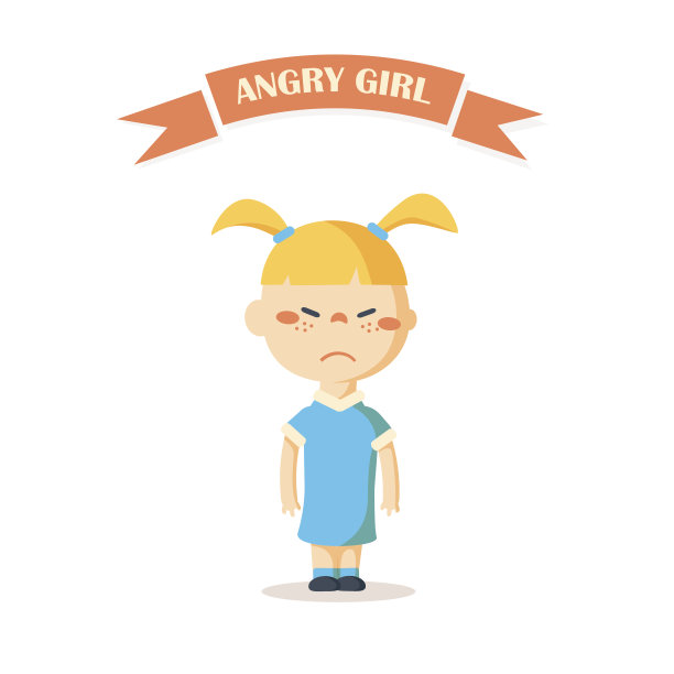 小卡通愤怒的女孩矢量插图。图片下载