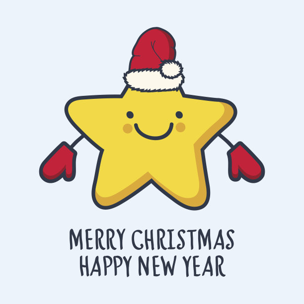 戴着帽子和手套的星星。新年和圣诞贺卡图片下载