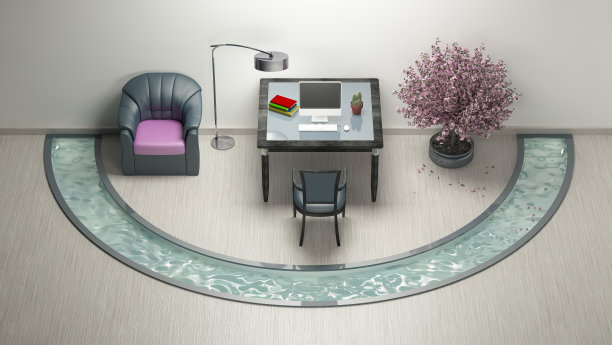 工作室和游泳池树粉色沙发图片下载