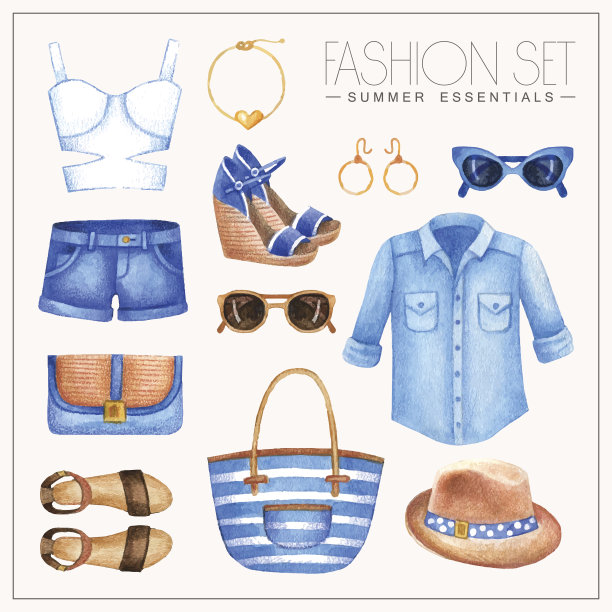 时尚水彩女子'的服装与衬衫，帽子，短裤和上衣图片下载