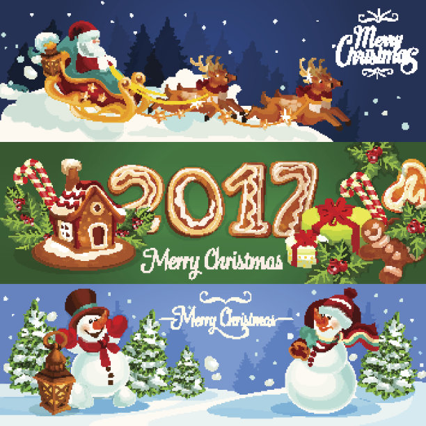圣诞横幅，圣诞老人的雪橇，礼物，雪人图片下载