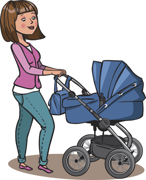 有趣的卡通母亲与婴儿推车。矢量图图片下载