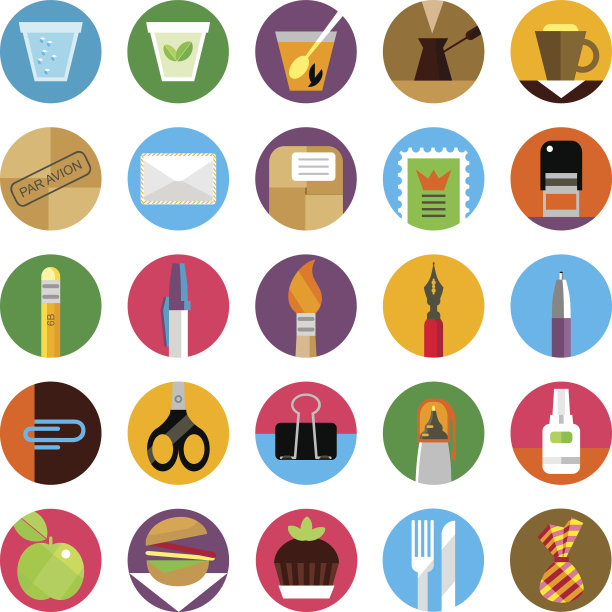 办公室和munchies平面图标设置图片下载