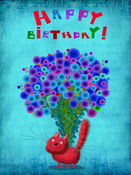 红色小猫和一束蓝色的花图片下载