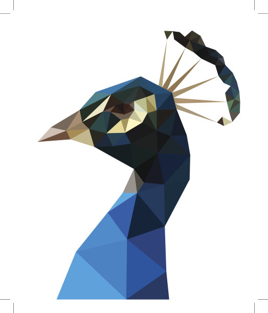 在白色背景上孤立的低多边形蓝色孔雀。图片下载