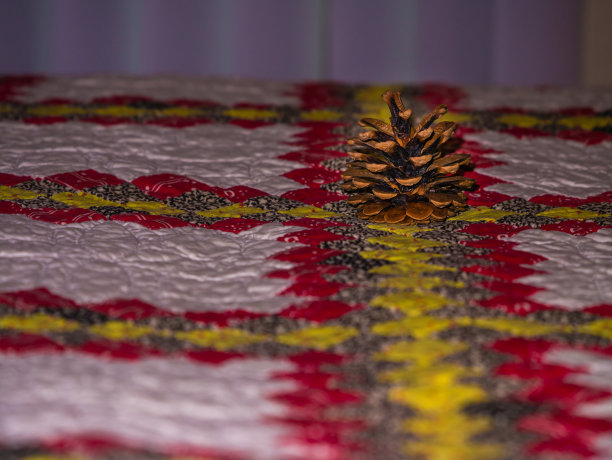 古董拼布被，近距离的松果图片下载