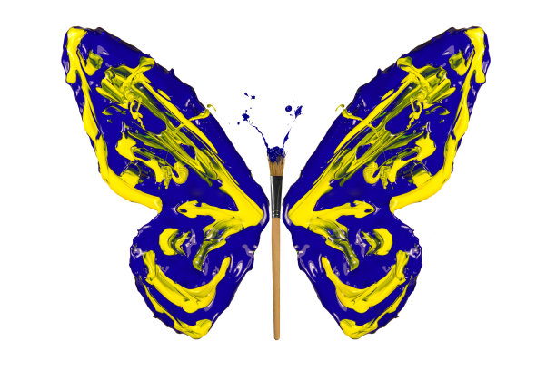 黄色和蓝色的颜料做成了蝴蝶图片下载