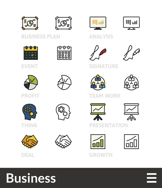 黑色和彩色轮廓图标，细描线条风格设计图片下载