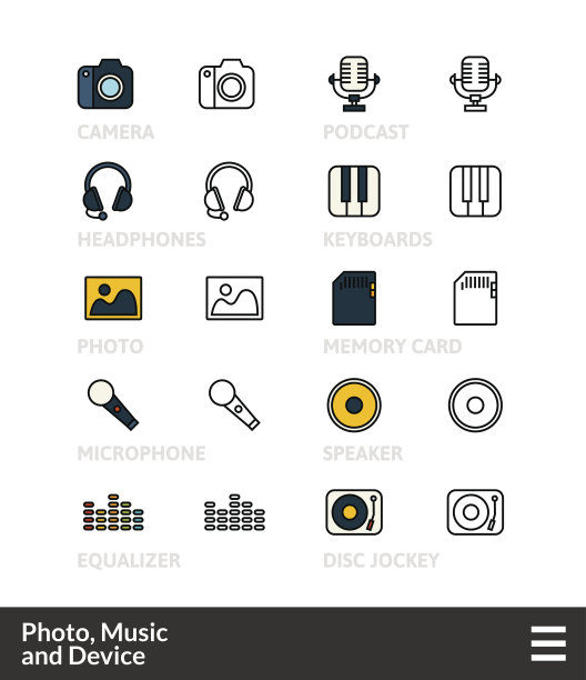 黑色和彩色轮廓图标，细描线条风格设计图片下载