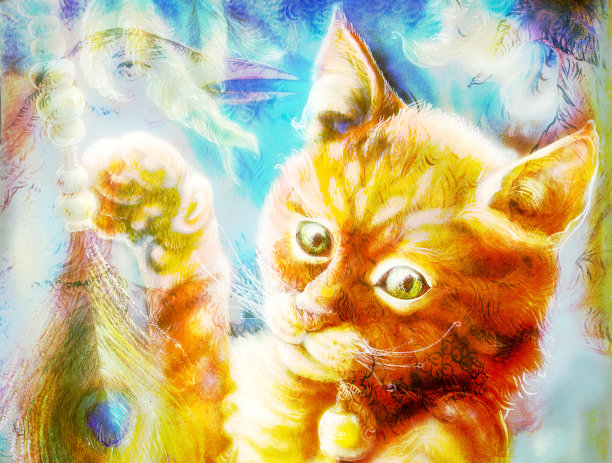 发光的橙色猫头玩孔雀羽毛图片下载