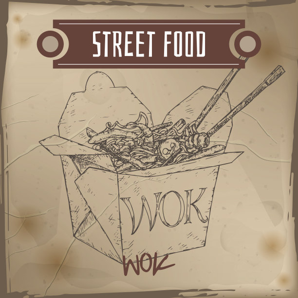 炒面在一个盒子素描在垃圾背景。图片下载