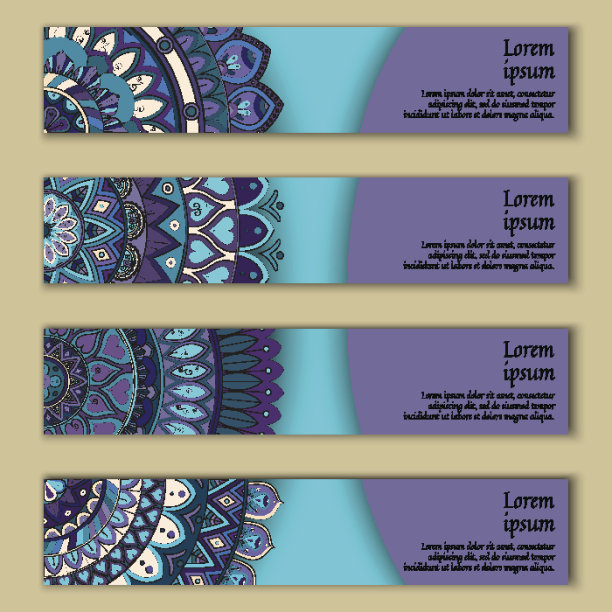 旗帜卡设置花卉色彩鲜艳的装饰曼陀罗元素背景。图片下载