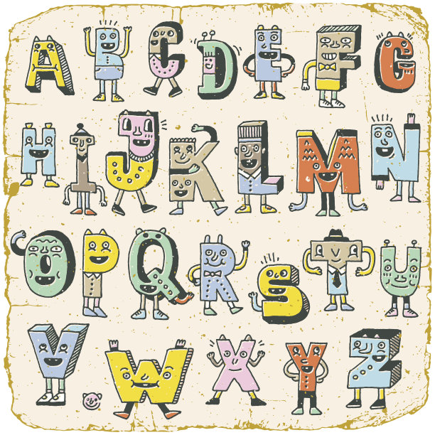 古老的ABC字母字符。古怪的涂鸦字母设计颜色集。图片下载