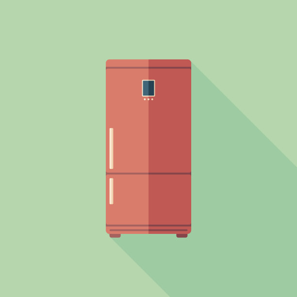 红色冰箱扁平方形图标与长阴影。图片下载