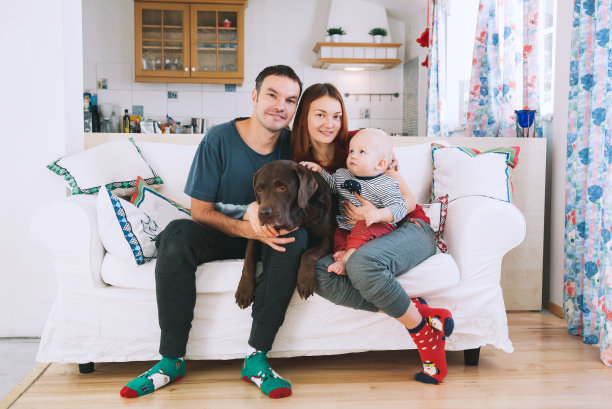 年轻好玩的家庭在家里的沙发上。图片下载