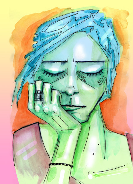 女性肖像与她的眼睛闭上和下巴在她的手图片下载