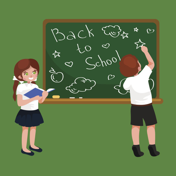 回到学校背景，小女孩和小男孩带着书图片下载